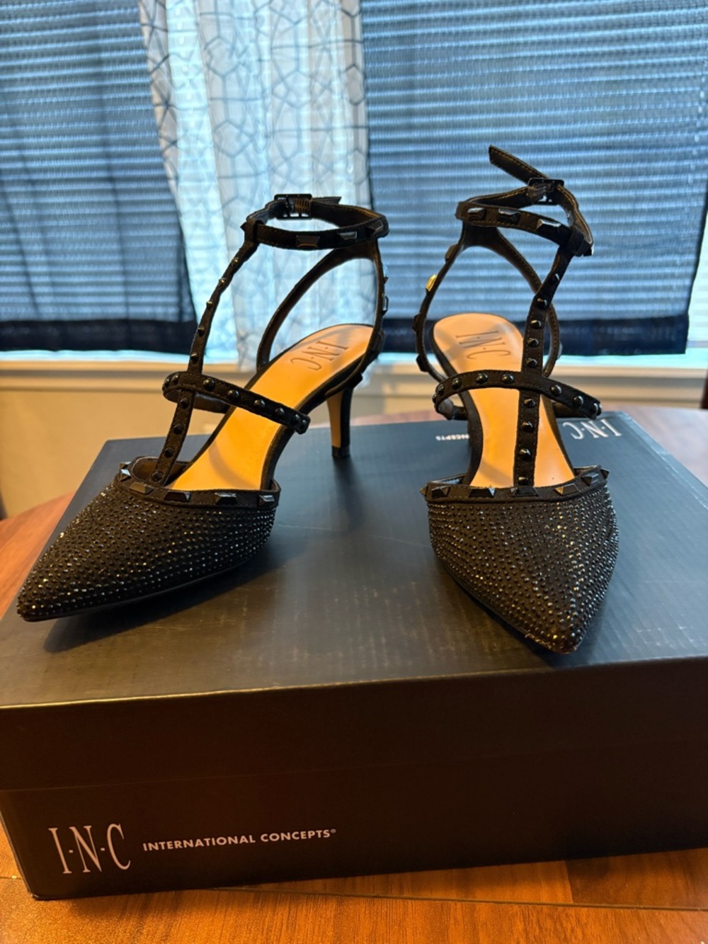 INC International Concepts Black Studded Pointed Toe Ankle-Strap Heels in Size 5